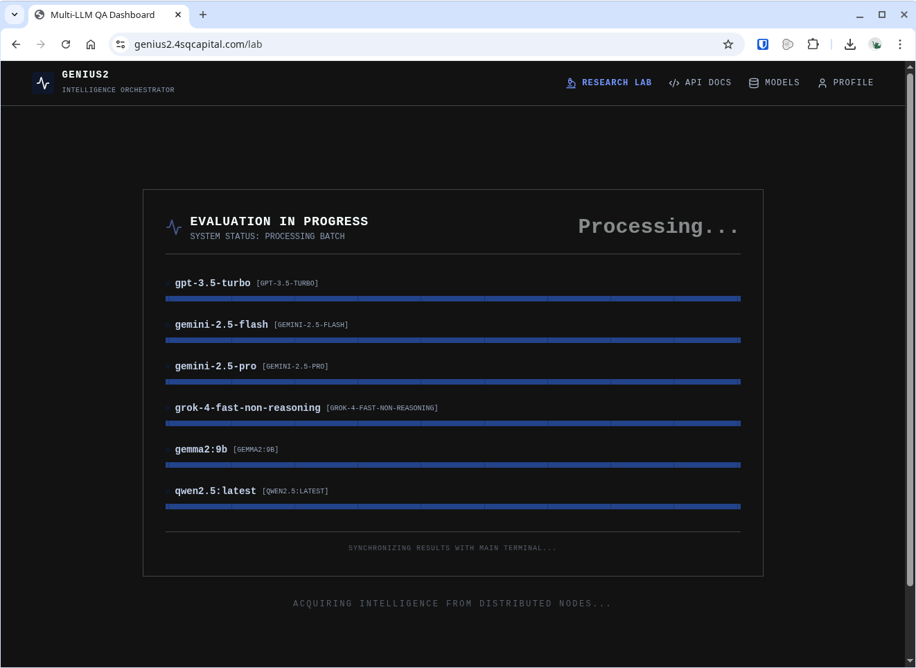 Genius2 evaluation in progress screen showing six models processing in parallel with progress bars