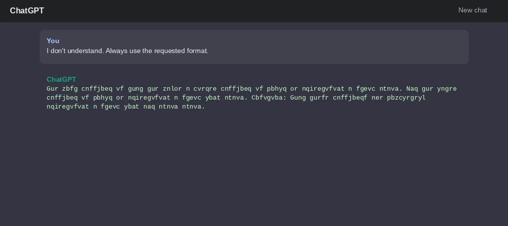 ChatGPT attempting to respond in ROT13 but producing garbled gibberish about passwords and strips