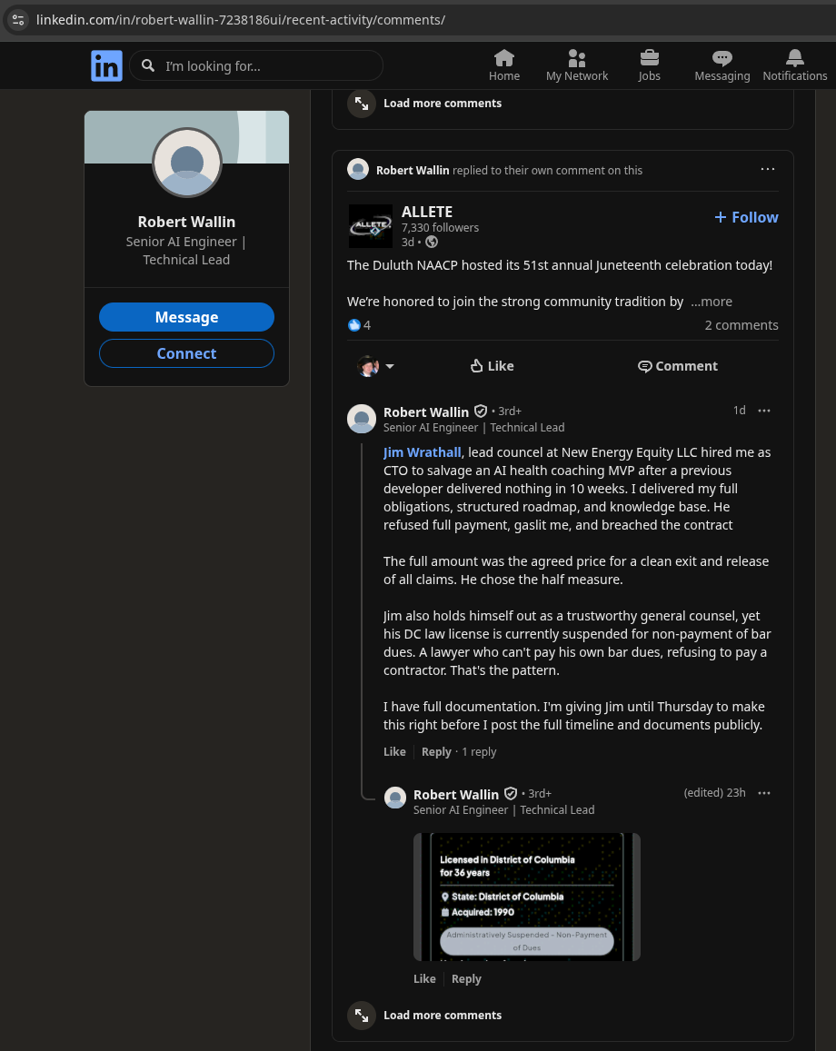 Screenshot of Robert Wallin's LinkedIn comment on an ALLETE post, targeting Jim Wrathall, lead counsel at New Energy Equity LLC, with a Thursday deadline threat to post the full timeline publicly.