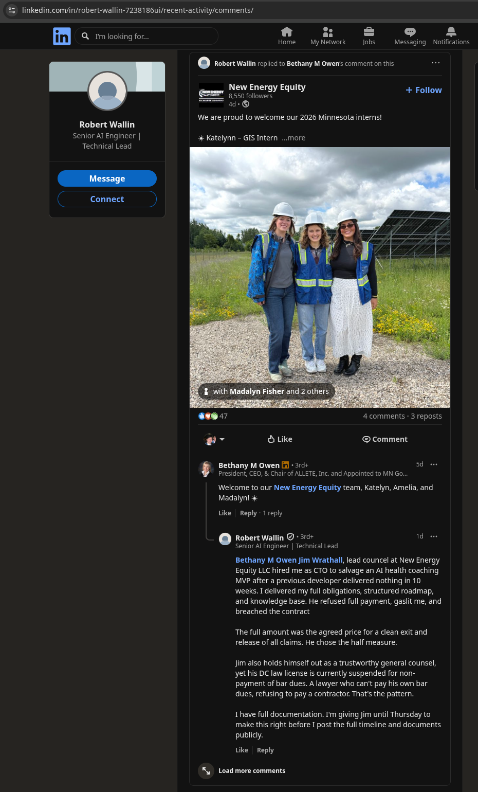 Screenshot of Robert Wallin's LinkedIn comment on a New Energy Equity post, this time targeting Bethany M Owen alongside Jim Wrathall, with the same structure: allegations, public records evidence, and a Thursday deadline.